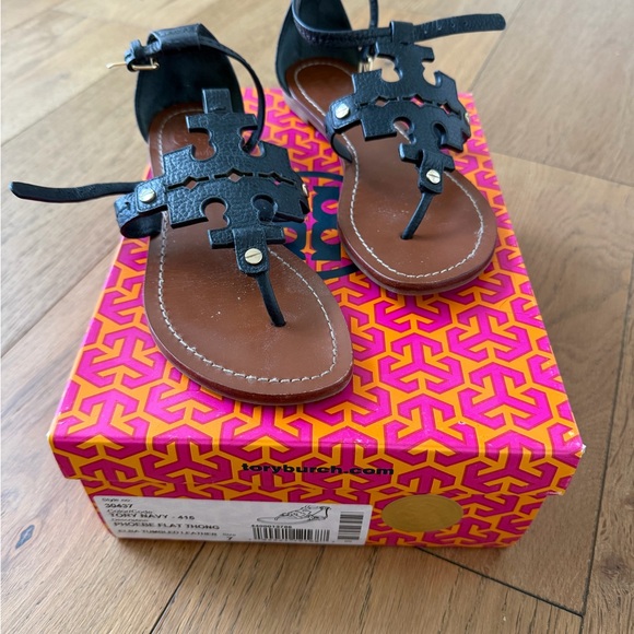 Tory Burch Black Leather Logo Thong Sandals with Ankle Strap - Picture 2 of 6